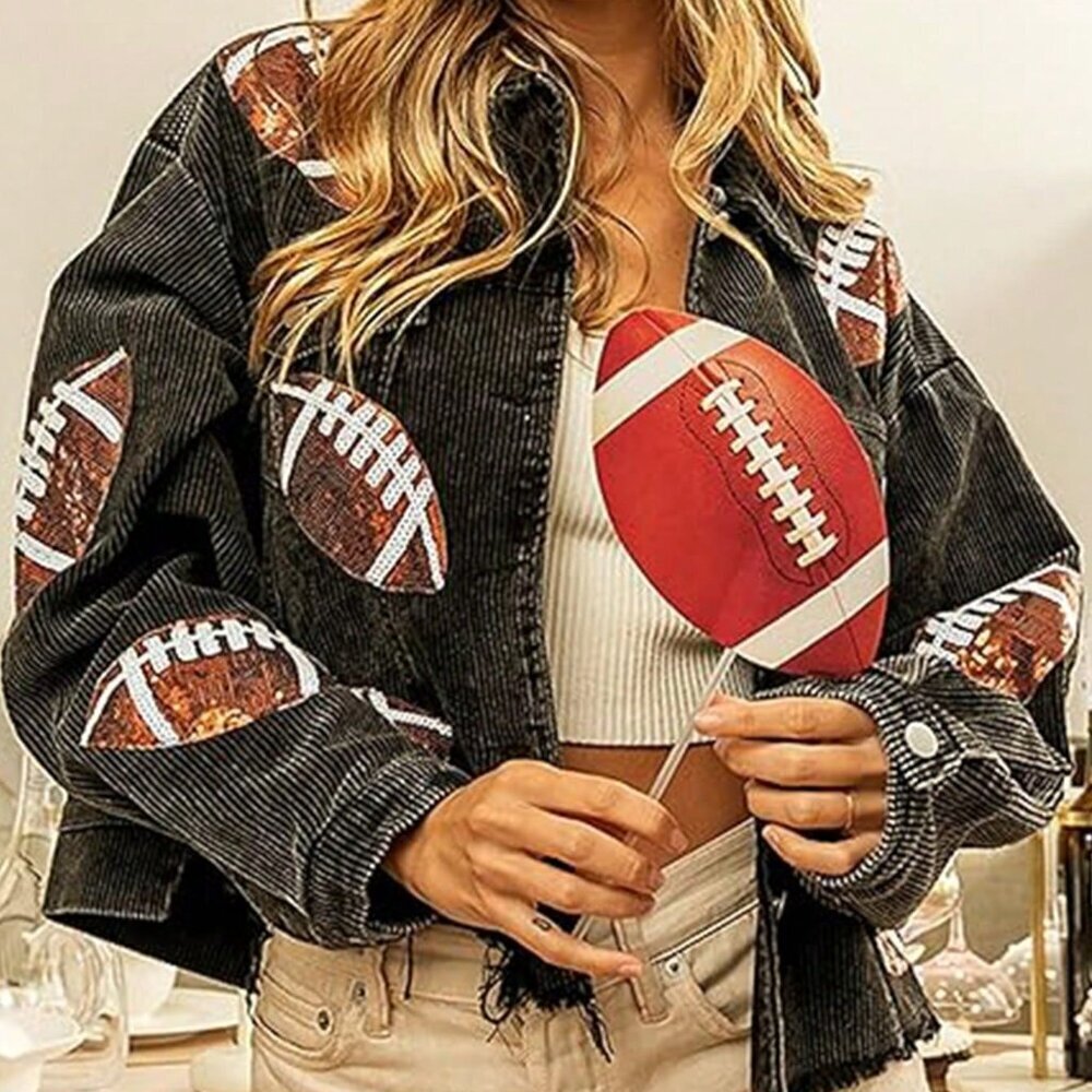 Black Casual Women's Cropped Corduroy Sequin Patched Jacket